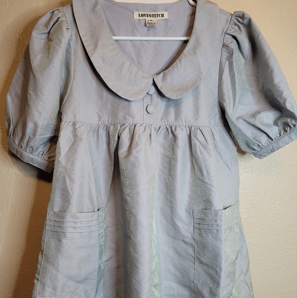 Love Stitch Blouse Metallic Silver Gray Womens Small Collared Buttons